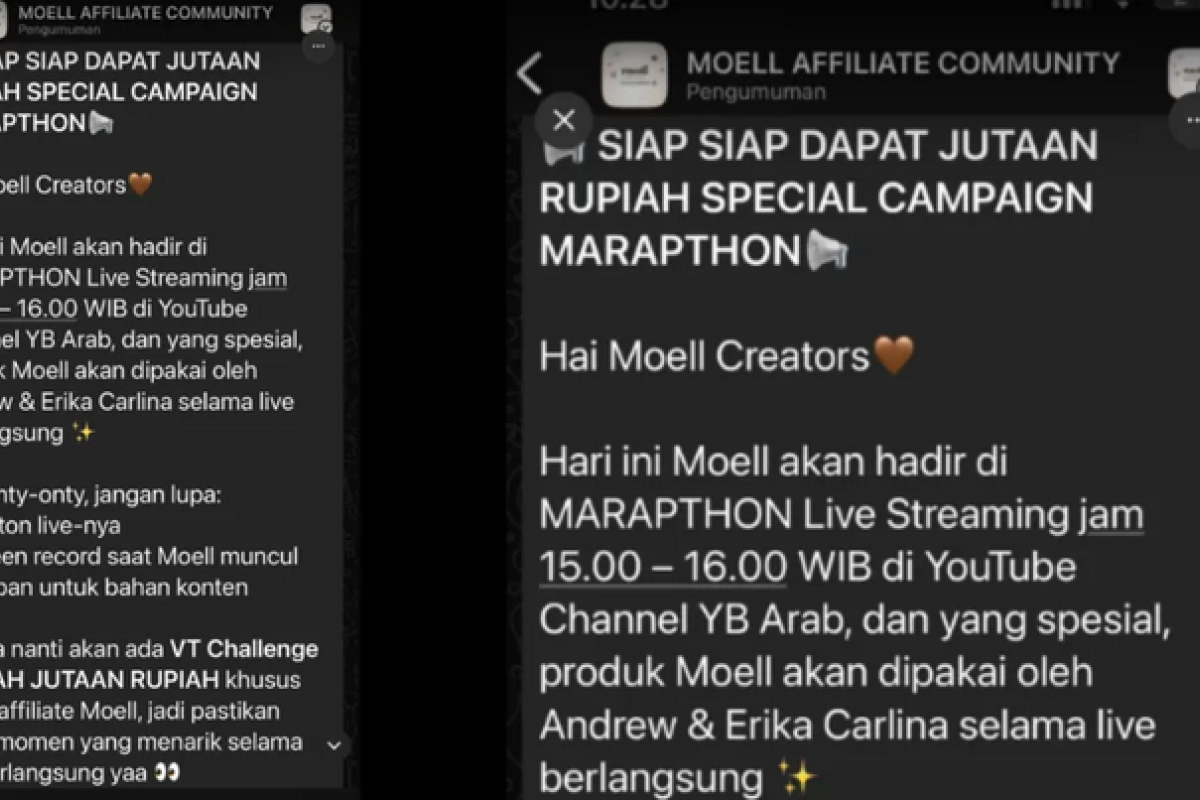 Isi Campaign Moell di Marapthon Terungkap Janjikan Hadiah Jutaan untuk Affiliate