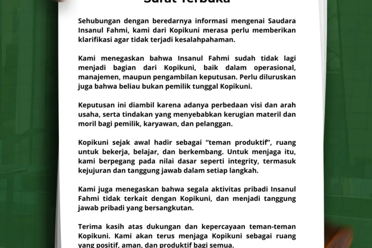 Kopikuni Resmi Putus Hubungan dengan Insanul Fahmi: Ini Alasan di Balik Pemutusan Kerja Sama di Tengah Kasus Perzinahan yang Viral