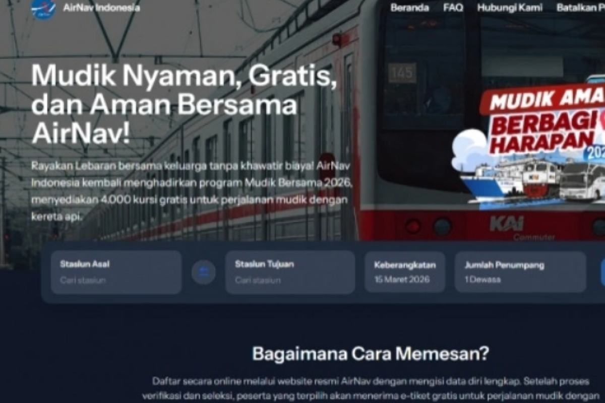 Cara Daftar Mudik Gratis AirNav 2026, Kuota 4.000 Tiket Kereta Disiapkan