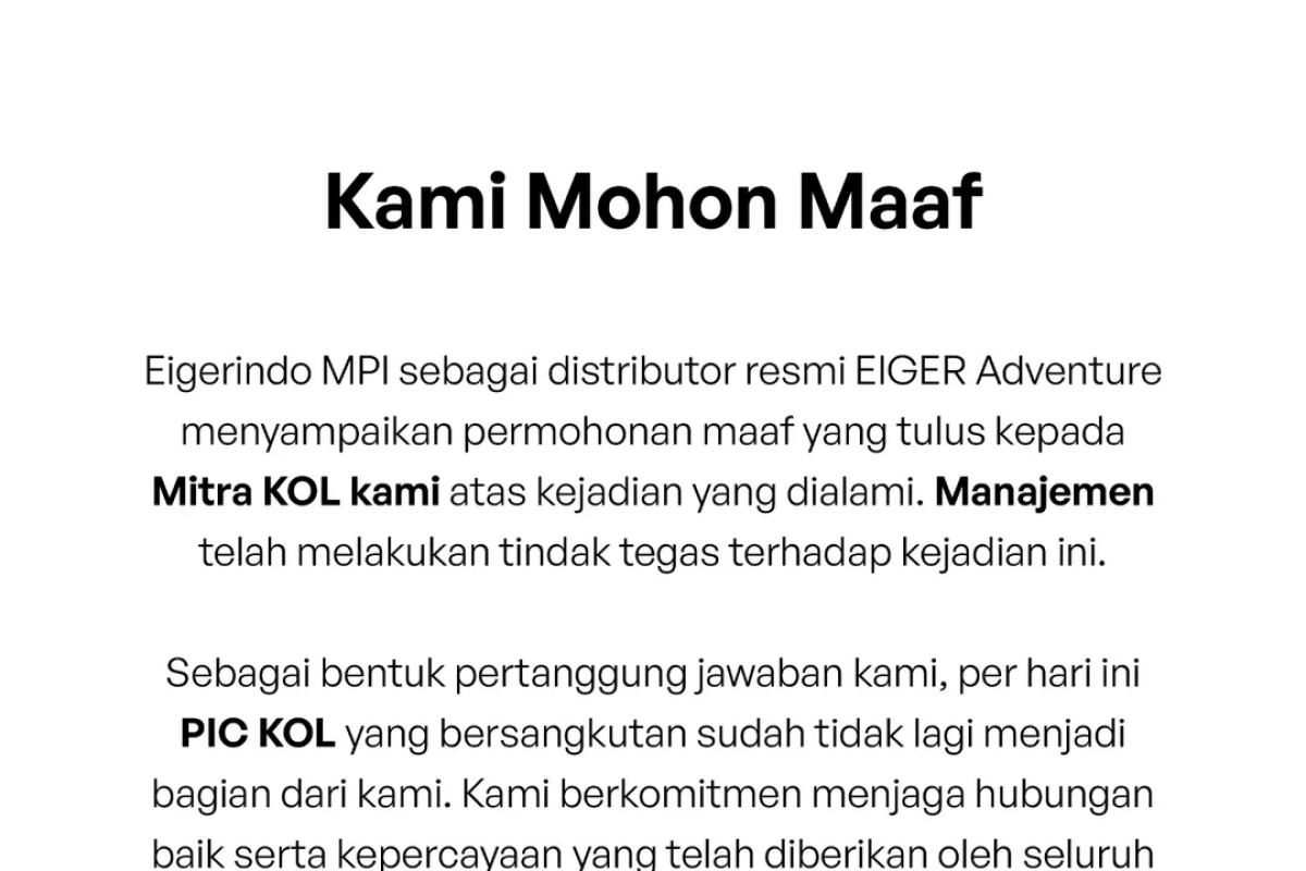 Eiger Indonesia Pecat PIC KOL Vito Dery Usai Dugaan Rendahkan Konten Kreator Viral